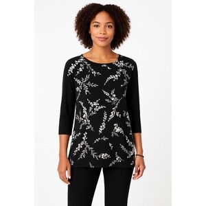 J Jill Wearever Collection Black White Floral Print Tunic Top Size XL 3/4 Sleeve
